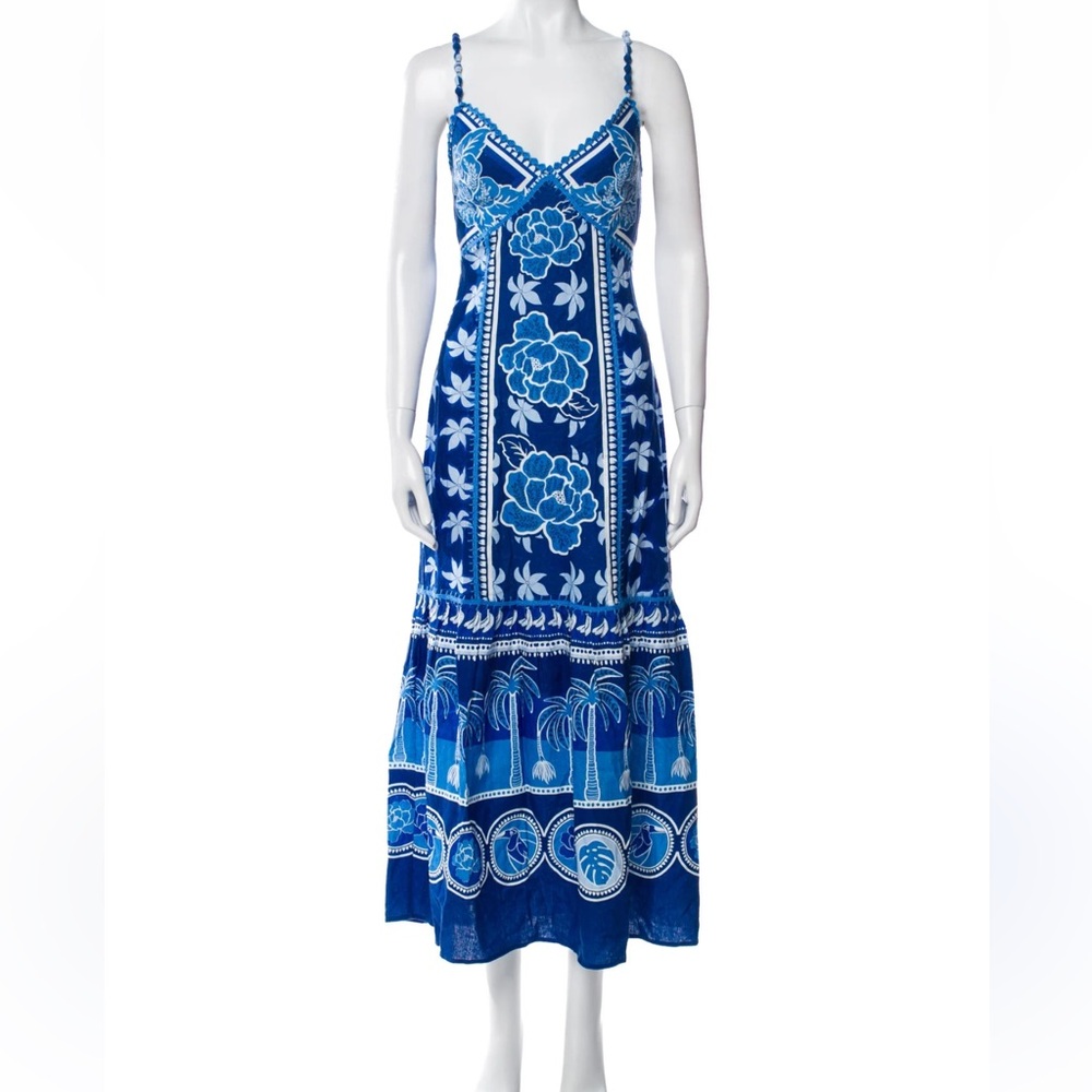 Caroline Constas🔥 Blue Floral  linen Blend Spaghetti Strap Dress